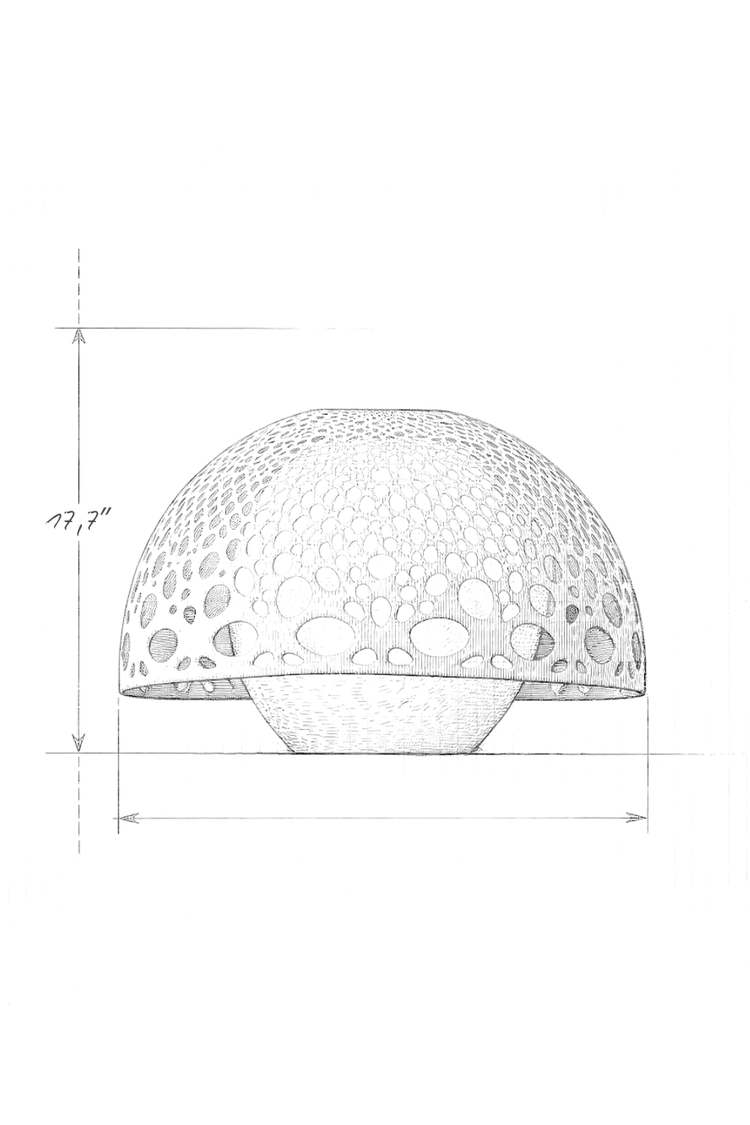 Technical drawing of a design lamp with dimensions on a white background